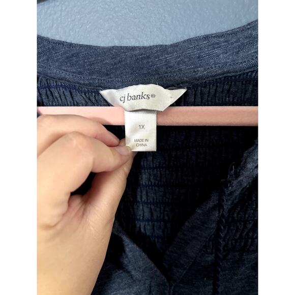 CJ Banks 1X Tassles Tank Top Boho Blue Pleated Tie Up V-Neck Plus Size Comfort - Picture 6 of 8